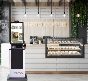 A modern and effective digital kiosk in front of the coffee shop allows customers to order beverages