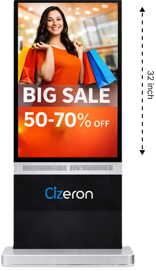In a public space, a digital signage display actively shows advertisements mounted on the wall.
