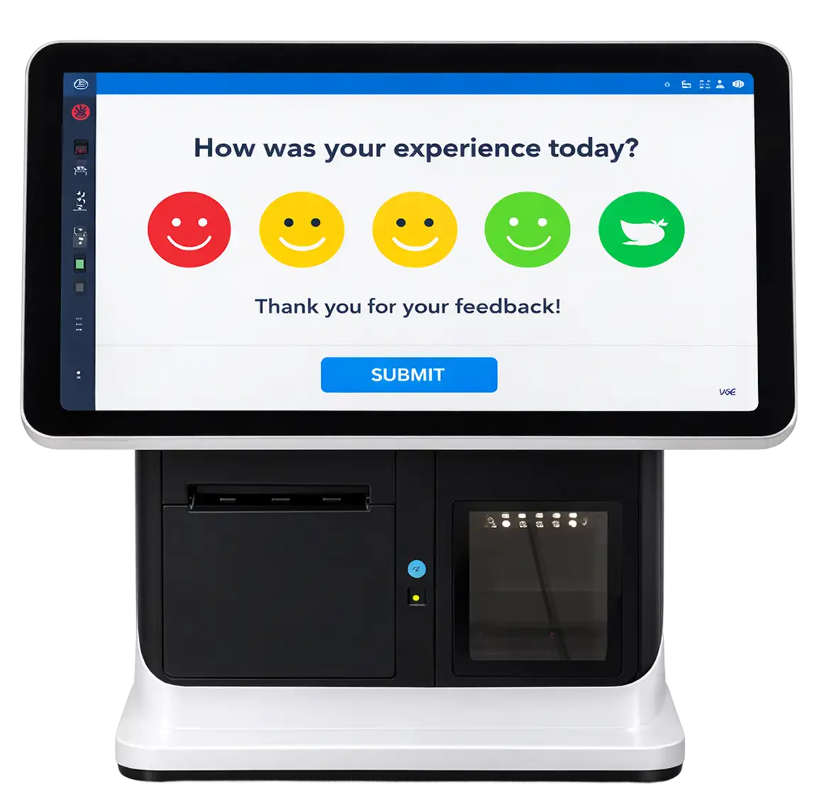 A modern feedback kiosk with touch screen interface for capturing customer satisfaction in service centers