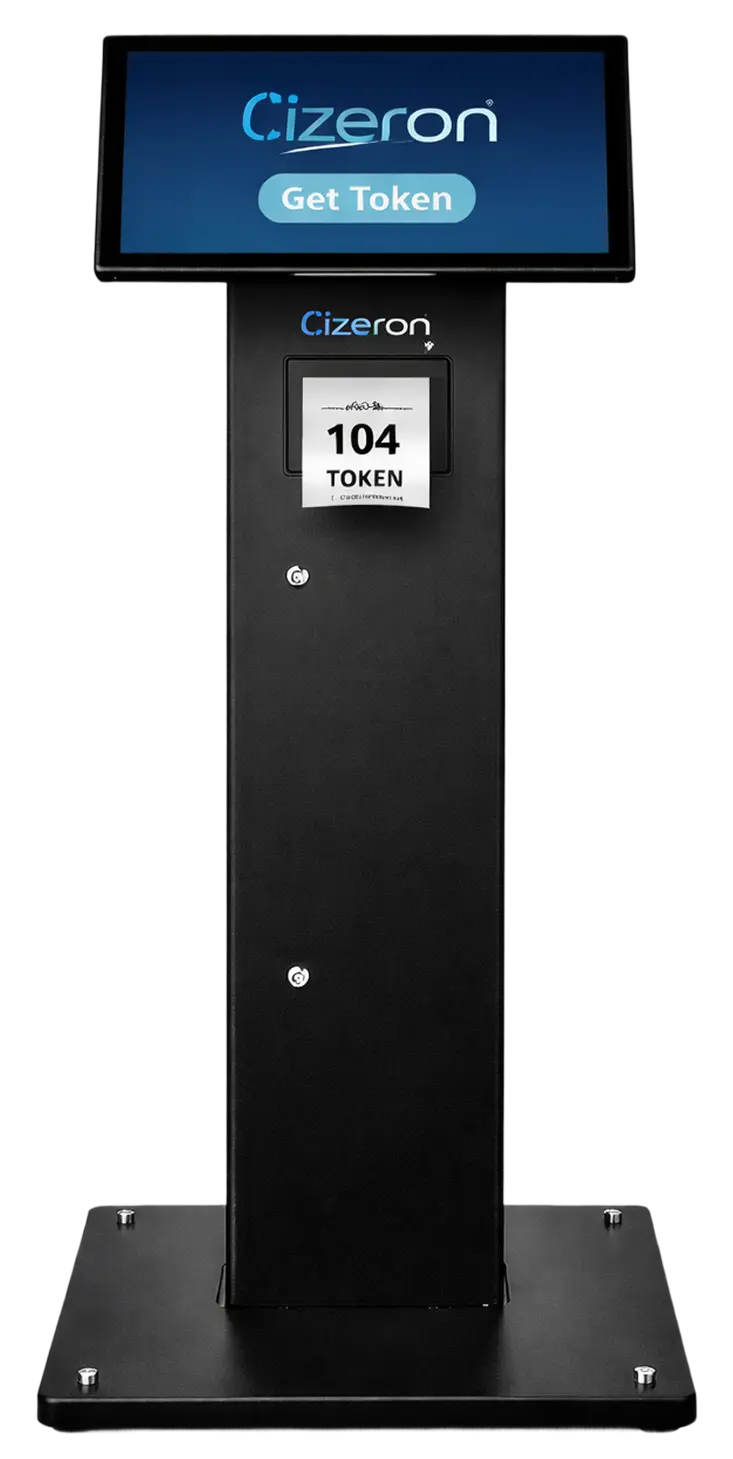 A modern token kiosk with touch screen interface for queue management in service centers