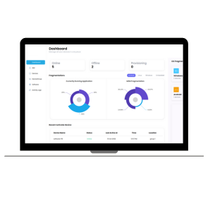 A laptop presents a dashboard with various data charts & graphs for DotHive Mobile Device Management.